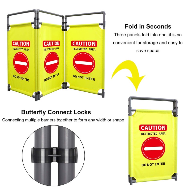 3 Panels Safety Barricade 5.8FT Foldable Security Sign Barrier Gate