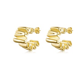 Big Chunky Gold Statement Wrinkled Earrings for Women Trendy C-Shaped Hoop Earrings Irregular Geometric Minimalist Textured Vintage Stud Earring 925 Sterling Silver Post Lightweight Hypoallergenic