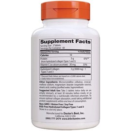 Doctor's Best Collagen Types 1 and 3 with Peptan, Non-GMO, Gluten Free, Soy Free, Supports Hair, Skin, Nails, Tendons and Bones, 1000 mg, 180 Tablets