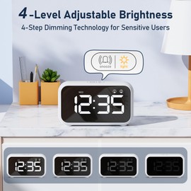LATEC Alarm Clock, Digital Alarm Clock Bedside with LED Display, 4 Levels Brightness, 8 Volume, 40 Alarm Tones, Snooze, Dual Alarms, Week Display, 12/24H, Power-Off Memory, Bedside Clock White