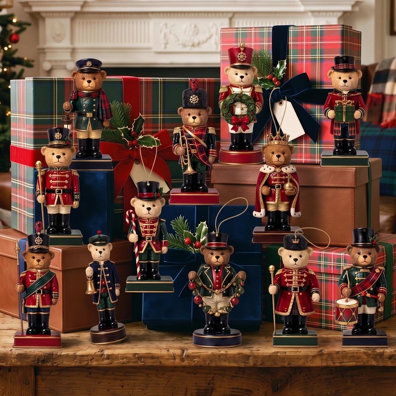 36pcs Christmas Teddy Bear Ornaments Wooden Nutcracker Plaid Decor