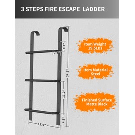 3-Rung Window Well Ladder, Heavy Duty Steel Basement Egress Ladder, Fire Escape Ladder for Emergency Home Safety(34.2" Lx17.9 W, Hooked, Matte Black)