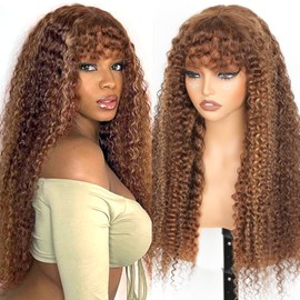 JuneMet Ombre Highlight Human Hair Wig with Bangs 2x4 HD Lace Front Closure Wear and Go Glueless Wigs with Bangs Curly Water Wave 4/27 Honey Blonde Brown Colored Human Hair for Black Women 26 Inch