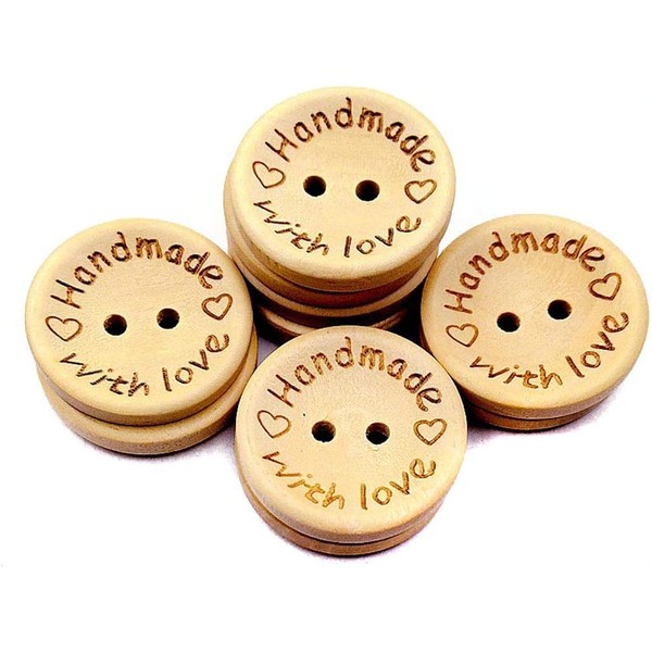 100 PCS Round 2 Hole Handmade with Love Wooden Button