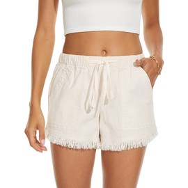 HVEPUO Women's Cotton Linen Shorts, Elastic Band Hot Pants, Summer Wide Shorts, F-khaki