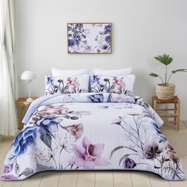 Floral Quilt Set Queen 3 Pieces Light Blue Floral Quilt Coverlet Set Soft Microfiber Lightweight Light Blue Quilted Bedspread for All Season 90"x96"