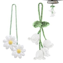 2 Pcs Crochet Flower Car Accessories for Women Hanging Handmade Knitted Daisy and Lily Flower Cute Rear View Mirror Accessories Car Decor Interior Aesthetic Car Accessories Hanging Pendant