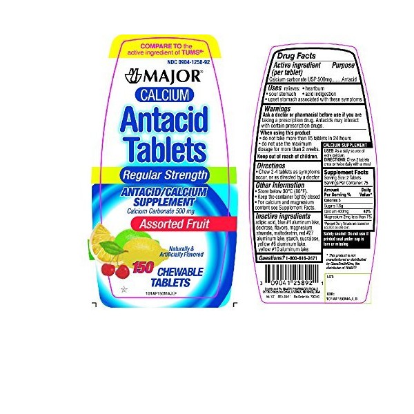 Major Calcium Antacid Chewable Tablets, Assorted Fruit Flavors, 500 mg, 150 Count (2 Pack) by Major