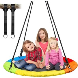 700lb 40 Inch Saucer Tree Swing for Kids Adults Outdoor 900D Oxford Waterproof with 2pcs Tree Hanging Straps, Steel Frame and Adjustable Ropes - Color: Rainbow