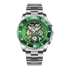 RUIGE New Hollowed Out Men's Fully Automatic Watch with Mechanical Movement, Three Eye six Needle Men's Luminous Waterproof Fashion Trend Watch A10-5 (Green)