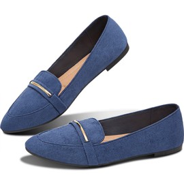Obtaom Mocasines planos con puntera puntiaguda para mujer, cómodos zapatos de trabajo de gamuza sintética, bonitos mocasines de ballet, marino, 9 US