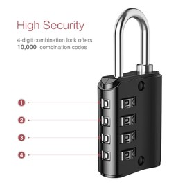 LOFICOPER Outdoor Combination Padlock, 4 Digit Combination Lock with Key, Heavy Duty Weatherproof Gym Locker Lock with 2 Keys, for Fence, Case, Toolbox, 4 Pack, Black