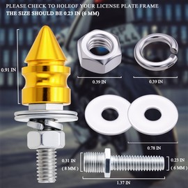 MEAJOO 4Pcs Spike License Plate Screws Kit – Decorative Anti-Theft Bolts, Stainless Steel & Aluminum Alloy, Gold Car Motorcycle Truck Frame Fasteners, Universal Fit