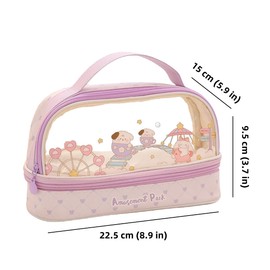 Bunny Pencil Pouch w/Handle Rabbit Kitten Bear Puppy Pen Case Cosmetic Bag Clear Case Transparent Waterproof (Amusement Park-Purple)