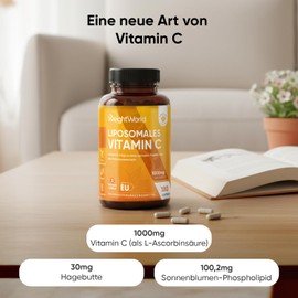 Liposomal Vitamin C - 1000 mg Vit C, 100.2 mg Sunflower Phospholipids & 30 mg Rosehip - 180 Vegan Capsules - Vitamin C Helps Reduce Fatigue and Exhaustion (EFSA) WeightWorld