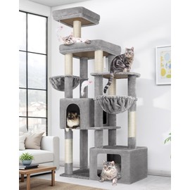 Globlazer F68 Heavy Duty Cat Tree Tower, 68in Large Cat Tree for Indoor Cats Large Adult Cat Condo with 2 Oversized Cat Houses, 2 Top Perches, 5 Scratching Posts, 2 Cozy Hanging Baskets, Light Gray