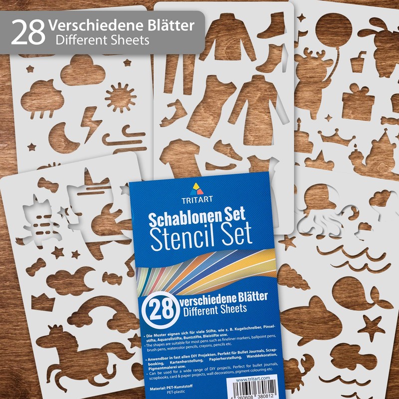 Tritart Stencil Set, 28 Plastic Stencils, Drawing Stencils, Pattern for