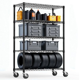 5-Tier Steel Storage Shelving Wheels 1750 LBS Capacity 17.7\" D X 47.2\" W X 72.3\" H Organizer Wire Rack for Home Garagecolor: Black1
