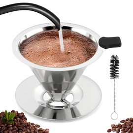 Pour Over Coffee Dripper With Cleaning Brush,Upgraded Double Micro Mesh Filter with Cup Stand,Stainless Steel Coffee Filter,Reusable Coffee Filter,Pour Over Coffee Maker(3-4cup)
