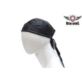 Biker Leather Black Perforated Leather Doo Rag Biker & Fashion Cap W/ Studs - Standard Size
