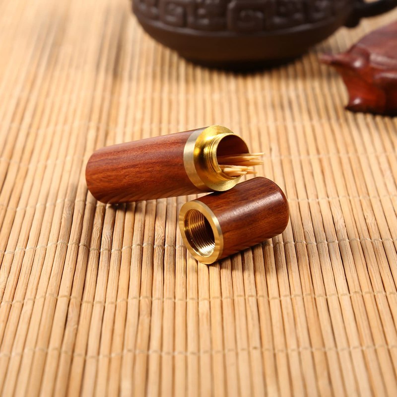 Wooden Toothpick Holder Capsule, Portable Rosewood Case with Screw Connection