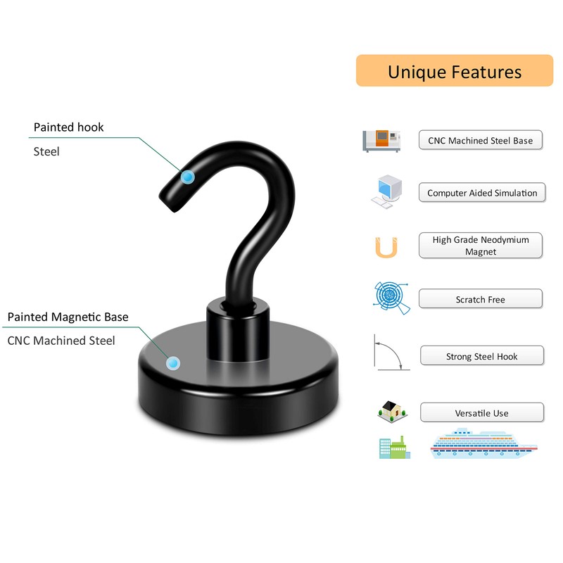 Black Magnetic Hooks, 100 lb Strong Magnet with Hook for