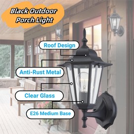 WISBEAM Outdoor Wall Lantern, Black Wall Sconce for House Porch Lighting Fixture, E26 Base 60W Max, Metal Housing Plus Glass, Wet Location Rated, ETL Qualified, Bulbs not Included
