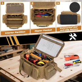Tactical Tool Bag with Anti-friction Bottom, Hand Tool Tote Storage Organizer for Men, Small Range Bag for Electricians, Carpenters, Mechanics and Repairman, Khaki