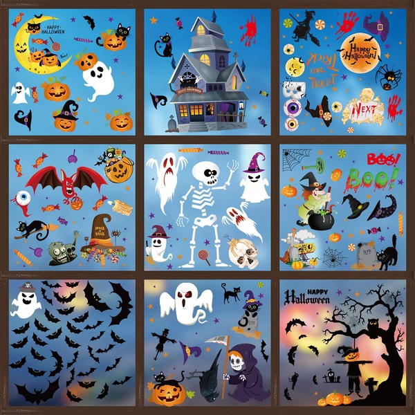 239Pcs Halloween Window Clings Stickers, 9Sheets Halloween Window Decoration, Halloween Decals for Windows, Decor Stickers, Castle Witch Bat Ghost Pumpkin Window Stickers for Decoration (color 1)