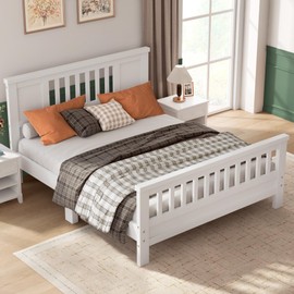 soges Full Bed with Headboard, Solid Wood Platform Bed for Teens Adults, Twin Size Bed Frame with Wood Slats Support, No Box Spring Needed, White