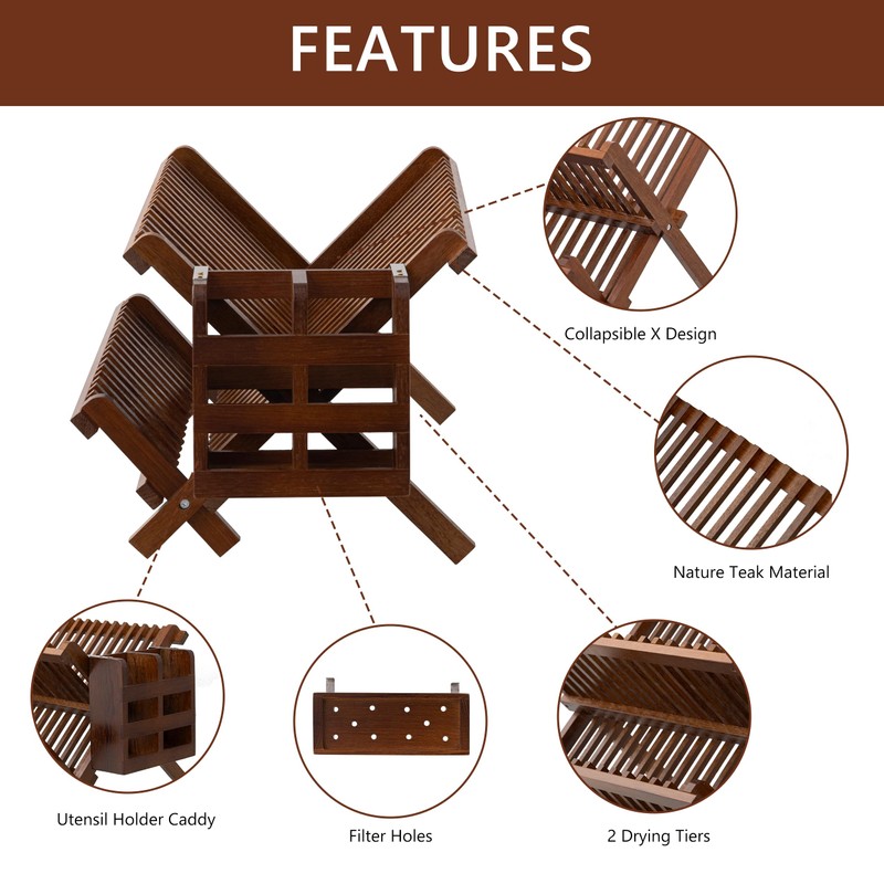 HBlife Dish Rack,Teak Folding 2-Tier Collapsible Drainer Dish Drying Rack