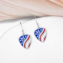 Guitar Pick Earrings 925 Sterling Silver American Flag Patriotic Dangle Drop Charm Earrings 4th of July Independence Day Jewelry Music Guitarist Gifts for Women Men