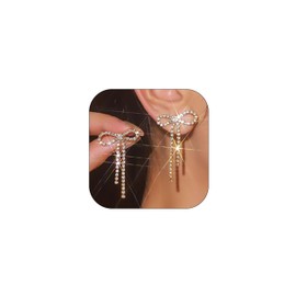 Bow Earrings for Women Rhinestone Sparkly Long Dangle Dainty Hot Pink Gold Silver Dangling Ribbon Statement Earring Jewelry for Women Valentines Day Christmas Party Decorations Wedding Gift, Large,