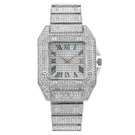 MINILUJIA Luxury Mens Crystal Watch Fashion Full Bling Iced Out Diamond Quartz Analog Watch Men Women Hip Hop Big Dial Square Wristwatch (Silver)