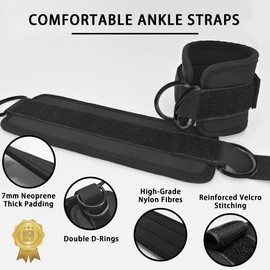 Langmeil Fitness Ankle Straps for Cable Machines, 2 Pack Comfortable Adjustable Padded Ankle Wrist Cuffs, Kickback Glute Workouts for Men Women, Double D-Ring Leg Straps with Neoprene Padding -Black