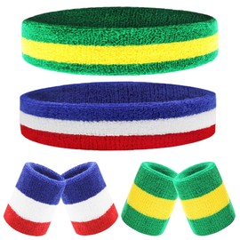 IMAGERIO 6 Pieces Sweatband Set Sports Headband Wristband Set, Moisture Wicking Sweatbands 4 Wrist Sweatband and 2 Headbands, Sweat Absorbing Head Band for Workout -(Red/White/Blue+Green/Yellow/Green)