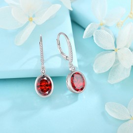 FJ Garnet Dangle Drop Earrings 925 Sterling Silver Oval Cut Cubic Zirconia Leverback Earrings January Birthstone Jewellery Gifts for Women