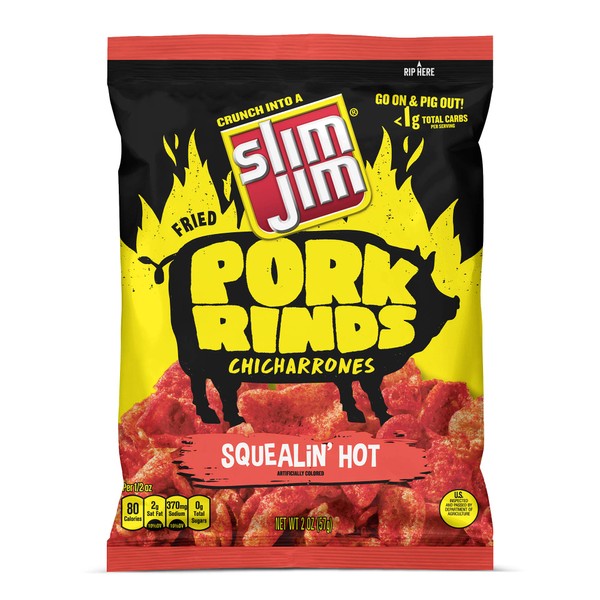 Slim Jim Pork Rinds Squealin' Hot Fried Snacks, Keto Friendly, 2 oz. Bag 12-Count
