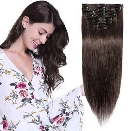 Elailite Clip in Hair Extensions Real Human Hair Remy Natural Hair - 8 Pieces (Thin Weft) Full Head Straight - #2 Dark Brown - 18 Inch (70 g)
