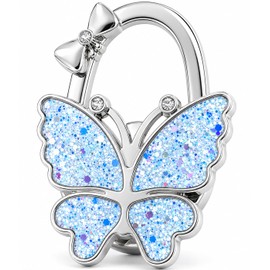 KUNHEHO Purse Hook for Table, Foldable Handbag Hanger for Women, Portable Bag Holder with Non-Slip Base, Cute Bling Light Blue Butterfly Purse Table Hook for Restaurant Office Travel Gift