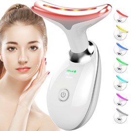 SDKWDH Red-Light-Therapy-for-Face-and-Neck, 7 Color Face Massager Tool for Wrinkles, Double Chin, Vibrating Facial Massager with Thermals for Skin Care, Glossy White