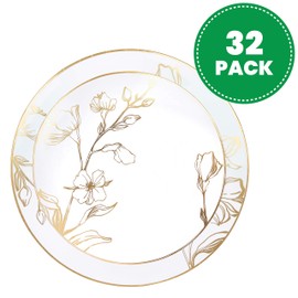 PLASTICPRO 32 Piece Combo Plates Set includes 16-7'' inch Plates & 16-10'' inch Plate White Plastic Floral Design Party With Gold Rim, Premium heavyweight Elegant,Dishes,