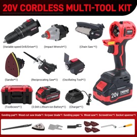 20V Cordless Combo Kit, 8-in-1 Cordless Multi-tool with Case, Drill, Recip saw, Chain Saw, Impact wrench, Oscillating tool, Sander with Accessories, 3.0Ah Lionthium Battery and Charger