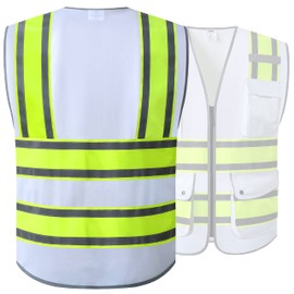 JKSafety 9 Pockets High Visibility Zipper Front Safety Vest | White with Dual Tone High Reflective Strips | Meets ANSI/ISEA Standards (901-White, XX-Large)