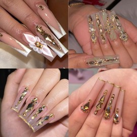 Cycullinyt 1660Pcs Champagne Nail Art Rhinestones: 8 Types of Multi Shapes Diamonds + 4 Sizes Flatback DIY Crafts Rhinestone Crystals 3D Glass Stones Set + Tweezer + Pickup Pen