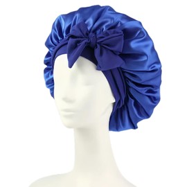 Mcoser Blue Silk Sleep Bonnets for Women,Adjustable Night Sleeping Cap,Elastic Band Silk Bonnet with Bow for Confinement Beauty&Hair Care