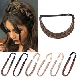 Braided Headband Hair 5 Strands Synthetic Hairpiece Classic Chunky Wide Thick Plaited Braids Elastic Headband Women Hair Extension Medium Size Dark Brown mix Coffee Brown