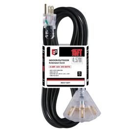 EP 15 Ft 12 Gauge Heavy Duty Extension Cord, 15A 125V 1875W, 3 Outlet Indoor/Outdoor Power Cord with Lighted End, 12/3 SJTW Weatherproof Black