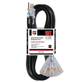 EP 15 Ft 12 Gauge Heavy Duty Extension Cord, 15A 125V 1875W, 3 Outlet Indoor/Outdoor Power Cord with Lighted End, 12/3 SJTW Weatherproof Black