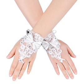 JJUNW 1 Pairs White Lace Gloves, Fingerless Lace Gloves, Short Fingerless Rhinestone Gloves for Women Formal 1920s Lace Gloves for Opera Wedding Bridal Princess Cosplay Prom Masquerade